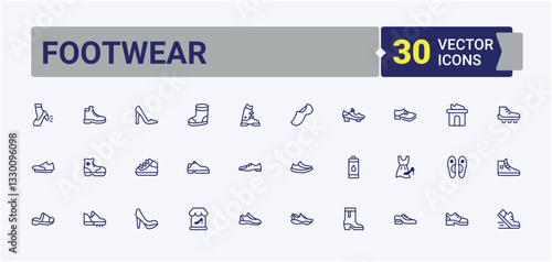 Footwear minimal icon set. Containing heel, fashion, wear, foot. Shoe icon collection. Line icon with editable stroke. Signs for web and mobile app.