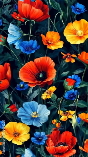 Wallpaper Mural Vibrant assortment of colorful flowers and green foliage on a dark background Torontodigital.ca