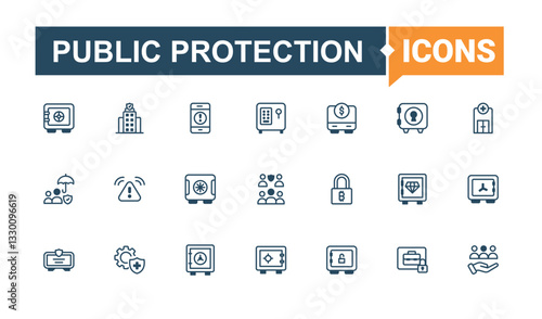 Public Protection line icons. Included family, public, people, set, at, security and more. Public Safety modern icons set. Icon design. Modern vector UI symbol.