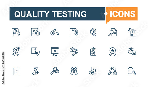 Quality Testing linear icon collection. Includes thin line standard, certification, control, checklist, product. Quality Control icon set. Line symbol. Vector solid mix icons and illustration.