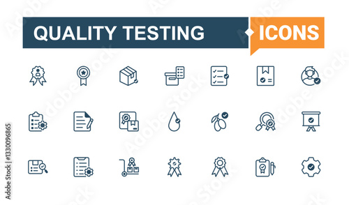 Quality Testing linear icon collection. Includes thin line standard, certification, control, checklist, product. Quality Control icon set. Line symbol. Vector solid mix icons and illustration.