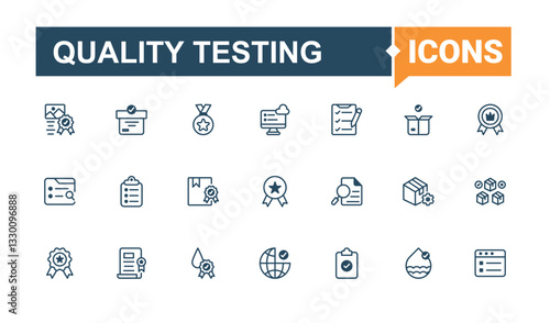 Quality Testing linear icon collection. Includes thin line standard, certification, control, checklist, product. Quality Control icon set. Line symbol. Vector solid mix icons and illustration.