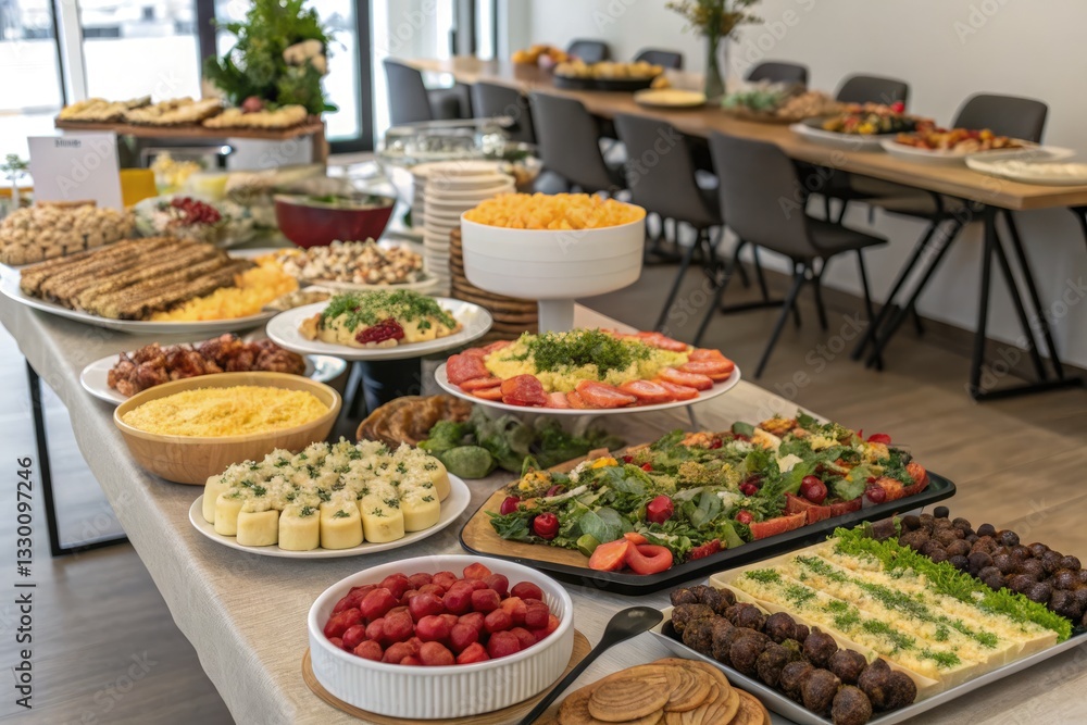 Buffet Table Displaying a Variety of Dishes and Refreshments at a Catered Event in a Modern Venue Generative AI Buffet Table Displaying a Variety of Dishes and Refreshments at a Catered Event in a Modern Venue Generative AI