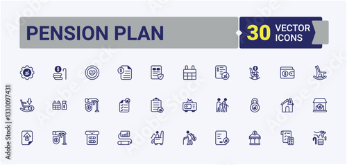Set of Pension Plan line icons. Pack of pension, retire, senior, insurance, deposit and more. Retirement Plan vector icon set. Flat icon. Editable vector icon and illustration.