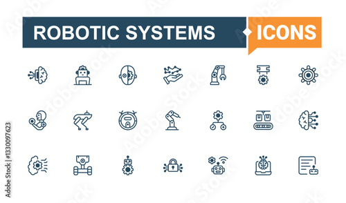 Robotic Systems icon.  Contains such icons as science, robot, machine, bot, ai, robotic, artificial, tech. Robotics icons set. UI icon set in a flat design. Outline and solid pictogram.