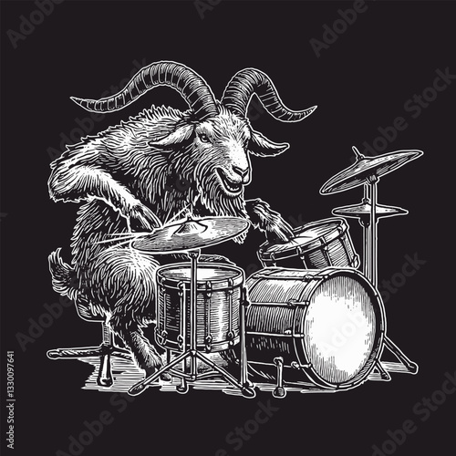 goat playing drums style engraving hand drawn on dark background t-shirt print vector