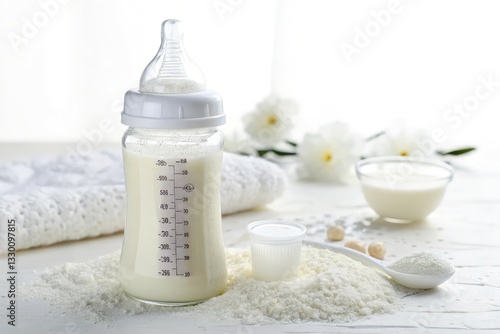 Baby Bottle Filled With Milk Beside Milk Powder and Small Measuring Cup on a Clear Surface Generative AI