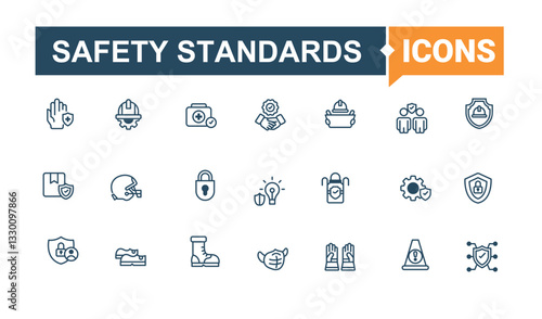 Safety Standards icon collection. Includes thin line protection, lock, security, protect, safe and more. Safety minimal icon set. Pixel perfect. Line and solid illustration.