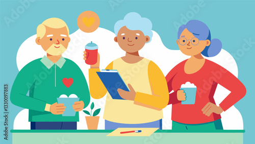 A group of senior volunteers take part in a study to test the effects of a new dietary supplement on improving energy and vitality in older adults.. Vector illustration