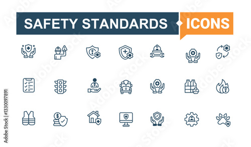 Safety Standards icon collection. Includes thin line protection, lock, security, protect, safe and more. Safety minimal icon set. Pixel perfect. Line and solid illustration.
