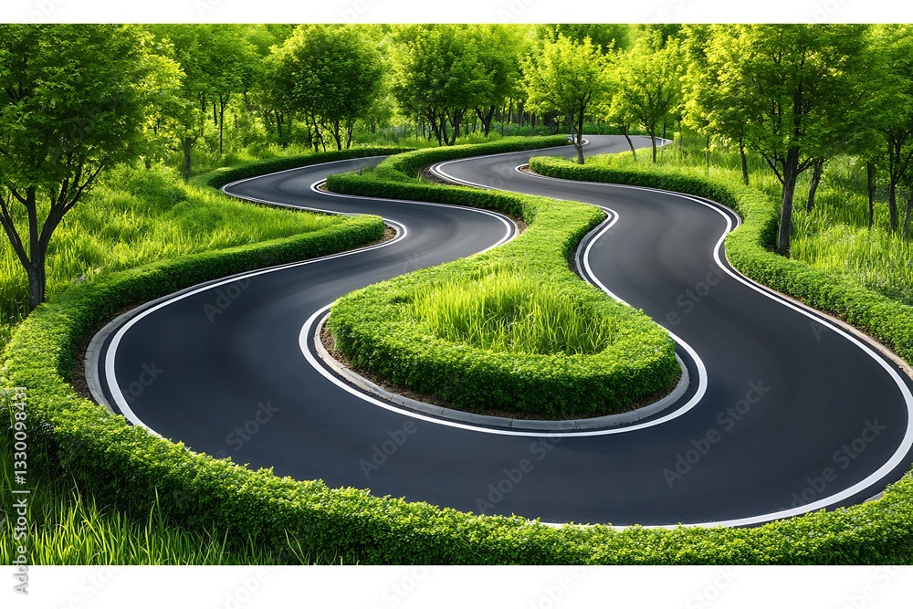 Fototapeta premium Winding road through green landscape, trees, sunny day