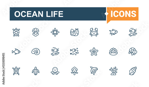 Ocean Life icon set. Contains such icons as nautical, shrimp, linear, dolphin, tropical and more. Sea Life modern icons. Solid line editable stroke. Vector illustration.