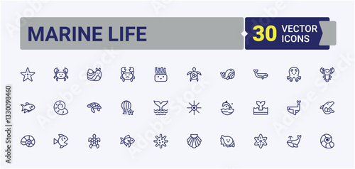 Marine Life icon collection. Included nautical, aquarium, linear, underwater, symbol and more. Sea Life icons set in linear style. Flat icon.   Minimalist line and solid icons collections.