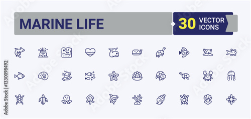 Marine Life icon collection. Included nautical, aquarium, linear, underwater, symbol and more. Sea Life icons set in linear style. Flat icon.   Minimalist line and solid icons collections.