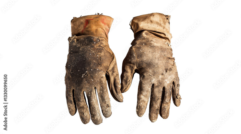 a pair of dirty work gloves on a white background Cutout and isolated and transparent background image
