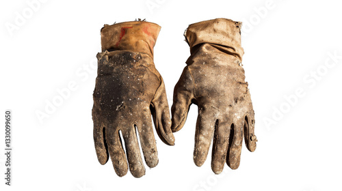 a pair of dirty work gloves on a white background Cutout and isolated and transparent background image