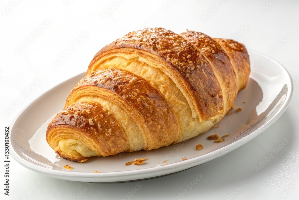 Freshly Baked Croissant on a White Plate, Showcasing a Golden, Flaky Crust and Enticing Texture in an Elegant Setting Generative AI