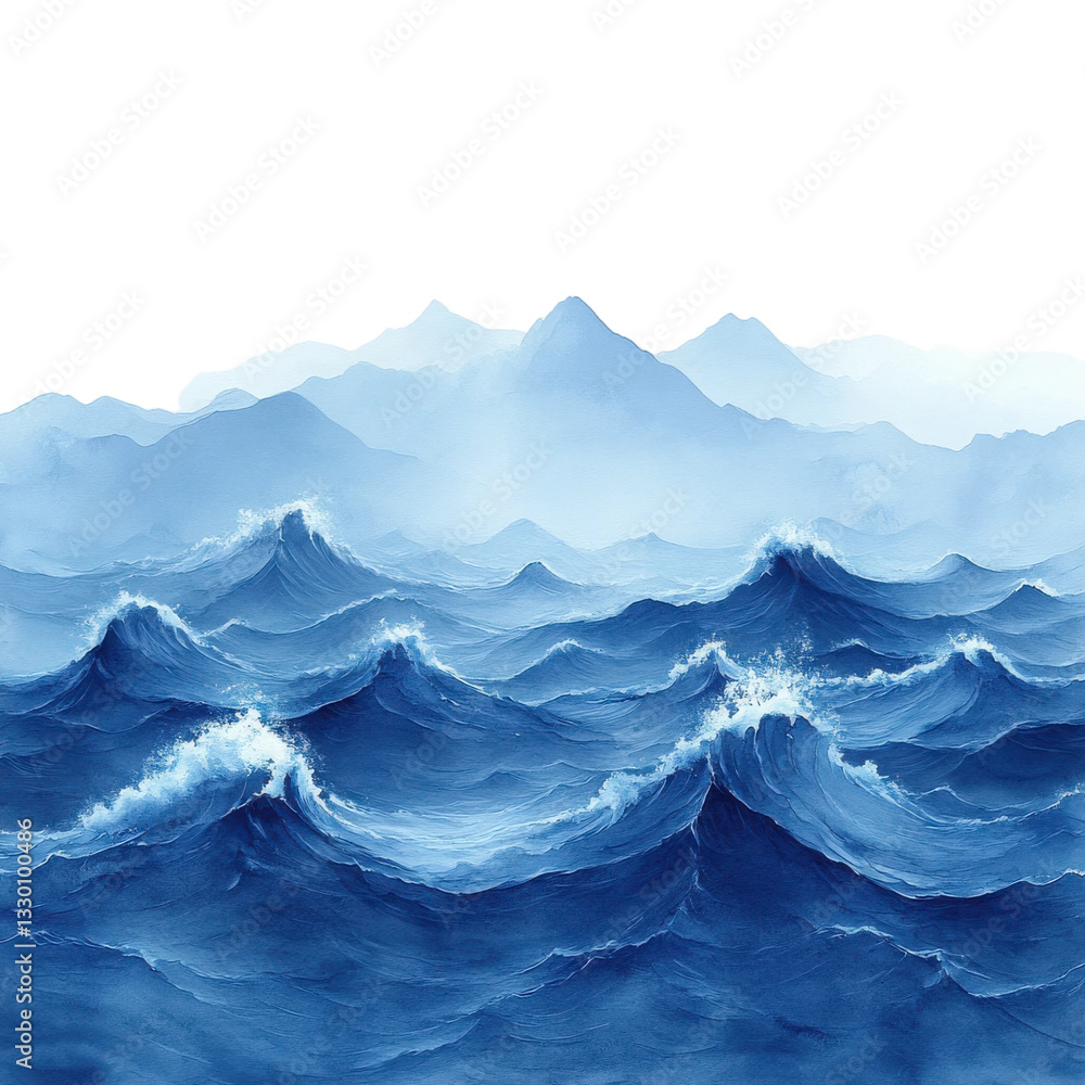 Fototapeta premium Dramatic Ocean Waves Crashing Against a Misty Mountain Range Background