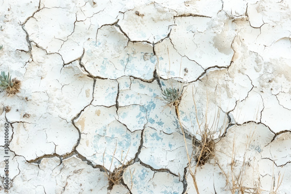 Obraz premium Dried, cracked earth with sparse, tenacious plants clinging to life in a harsh, arid environment.