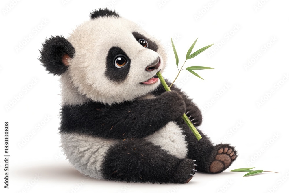 Naklejka premium Cute Panda Bear Cub Sitting on a White Background and Nibbling on Bamboo While Looking Playful and Curious Generative AI