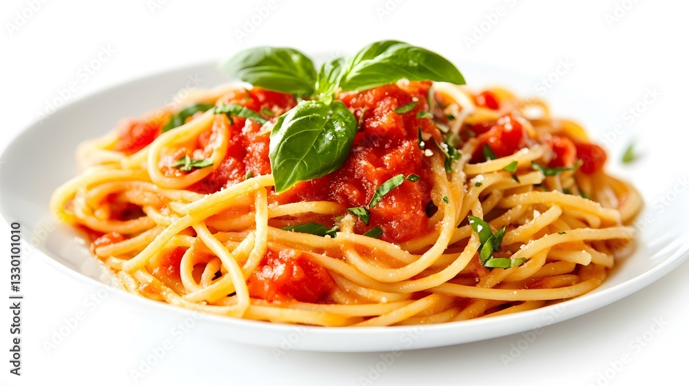 A high-quality product image of a freshly plated pasta dish with rich tomato sauce, garnished with herbs, isolated on a clean white background. The clear lighting and soft shadows highlight A high-quality product image of a freshly plated pasta dish with rich tomato sauce, garnished with herbs, isolated on a clean white background. The clear lighting and soft shadows highlight