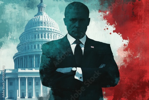 An illustration of a politician or lobbyist or a representative of a secret shadow government