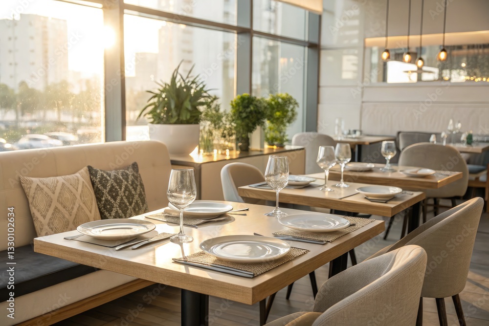 Fototapeta premium Modern Empty Restaurant Table Set for Dining With Elegant Decor and Sunlight Streaming Through Large Windows Generative AI