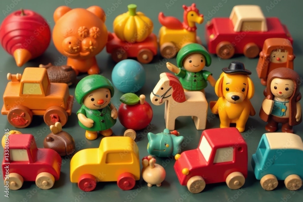 A collection of diverse wooden toys, vibrant colors , play, image A collection of diverse wooden toys, vibrant colors , play, image