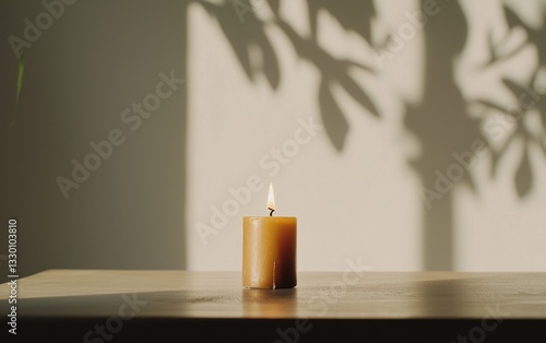 Single Burning Beeswax Candle on Table With Plant Shadow on Wall in Natural Sunlight