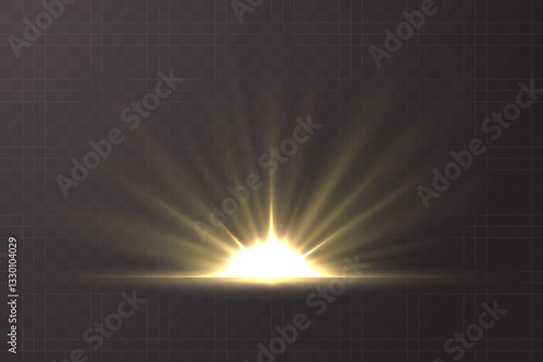 Realistic sunrise isolated on transparent background. Bright sun rays. Warm light flare effect. Sunset on horizon. Vector illustration