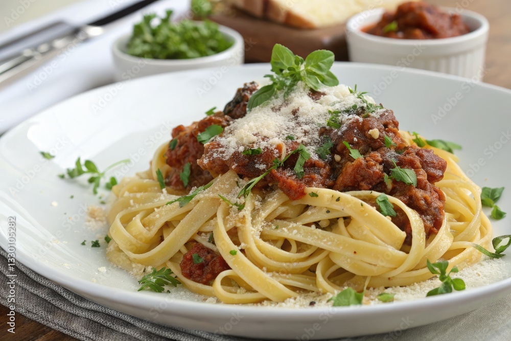 Gourmet Italian Bolognese Pasta Served on a White Plate With Fresh Herbs, Alongside Delicious Sides and Bread Generative AI Gourmet Italian Bolognese Pasta Served on a White Plate With Fresh Herbs, Alongside Delicious Sides and Bread Generative AI