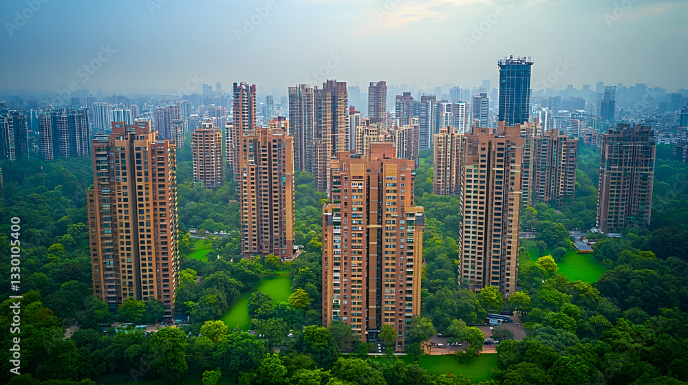 Obraz premium Cityscape with high-rise buildings and green spaces