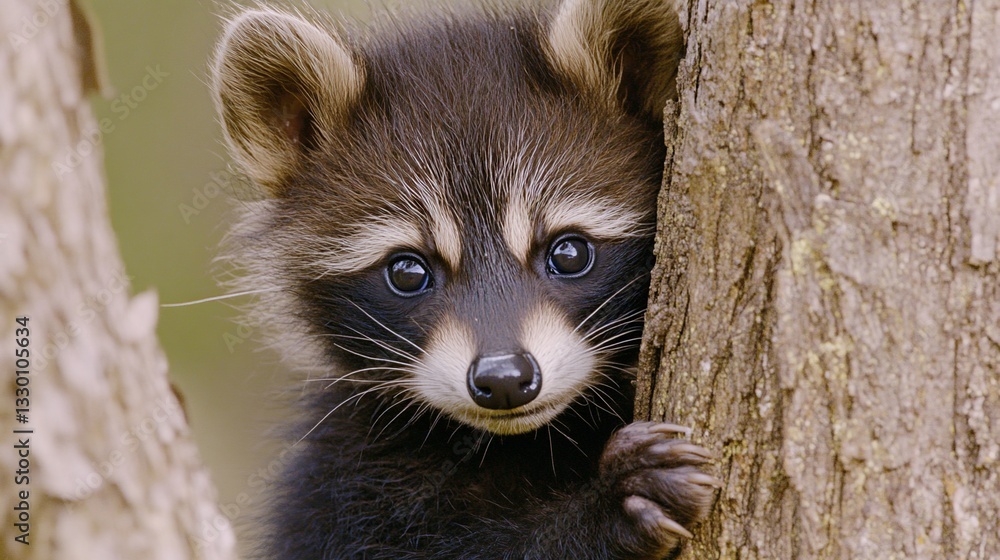 Obraz premium Adorable baby raccoon peeking from behind a tree trunk