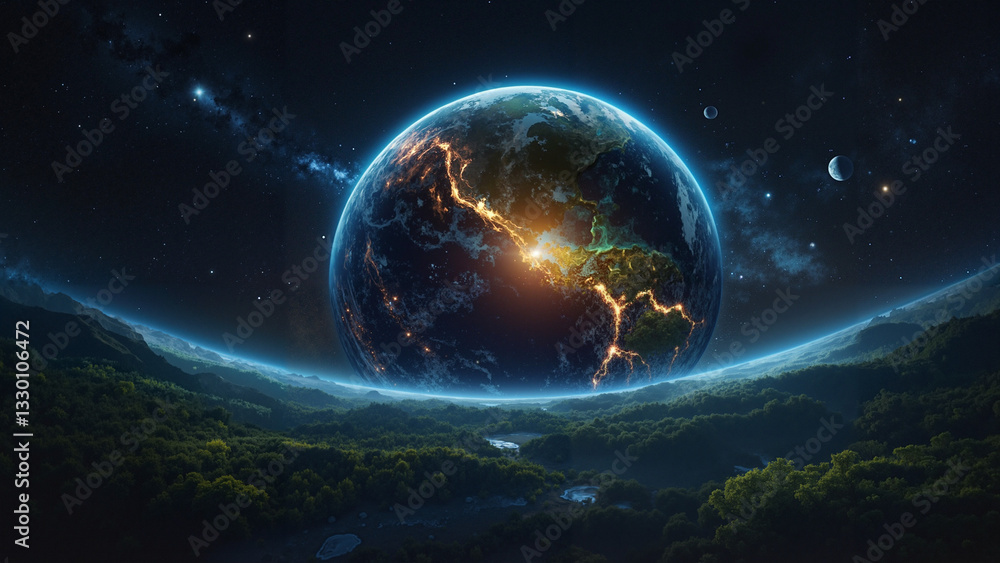 Obraz premium Stunning view of Earth from space with cosmic background and glowing atmosphere