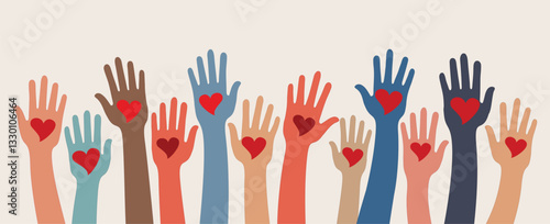 Group of raised hands of multicultural volunteer people holding a red heart. Concept of volunteering support or assistance