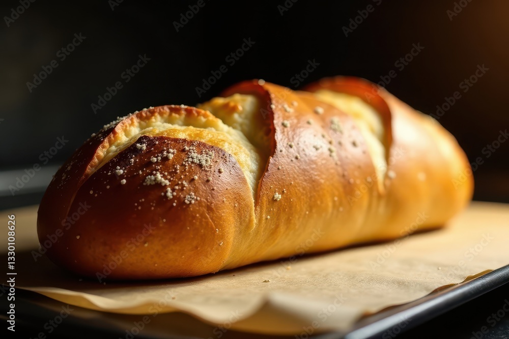 Golden-brown baguette emerges from oven on peel , production, bakery