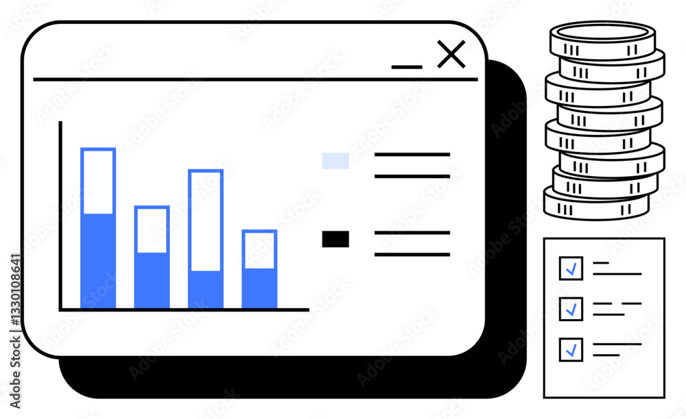 Bar chart window displaying data insights, coin stack representing wealth, and checklist for tasks. Ideal for finance, analytics, planning, investment, productivity budgeting strategy. Flat simple