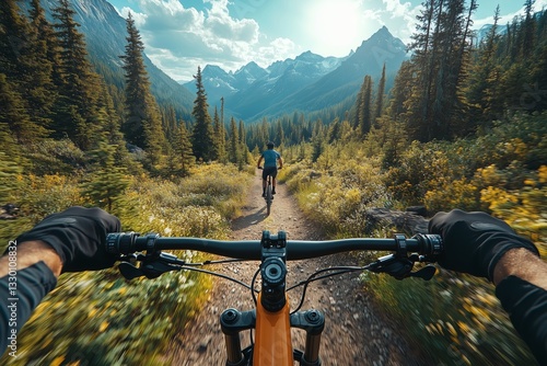 Front View of Handlebar and Armrest While Riding a Mountain Bike with a Friend in the Mountains
