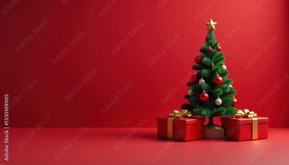Miniature green Christmas tree, red ornaments, gold star, large red gifts, winter, christmas, star Miniature green Christmas tree, red ornaments, gold star, large red gifts, winter, christmas, star