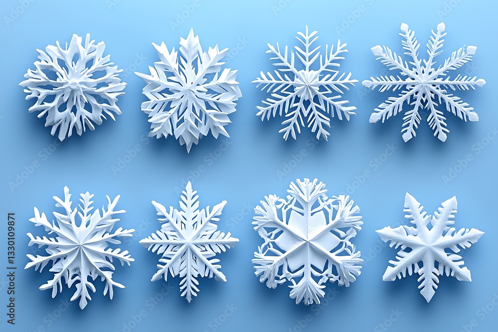 Eight unique white snowflakes on blue. Eight unique white snowflakes on blue.