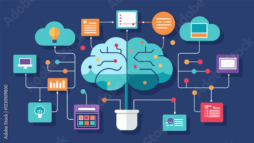 Data flowed in and out of the digital brain each piece meticulously analyzed and categorized for future use.. Vector illustration