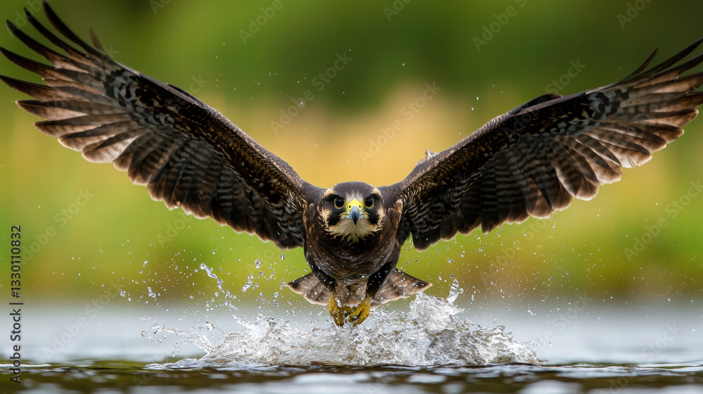 Fototapeta premium Majestic bird soaring above water, wings spread wide, capturing prey