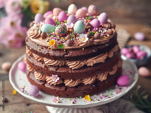 A beautifully decorated, rich, and moist chocolate cake perfect for Easter celebrations. This gourmet-style chocolate layer cake is topped with creamy