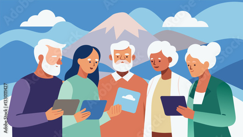 A group of seniors huddles together comparing their shots of a looming mountain peak with wispy clouds swirling around its summit.. Vector illustration