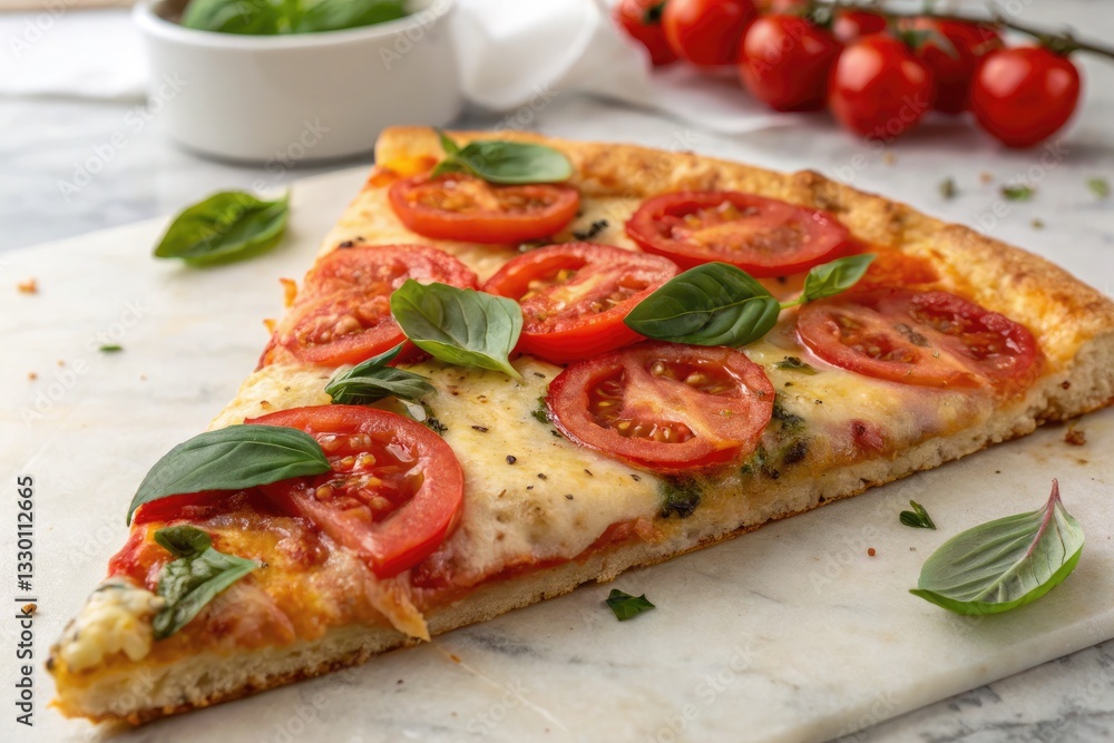 Enjoying a Delicious Slice of Pizza Topped With Fresh Tomatoes and Basil on a Bright Kitchen Countertop Generative AI Enjoying a Delicious Slice of Pizza Topped With Fresh Tomatoes and Basil on a Bright Kitchen Countertop Generative AI