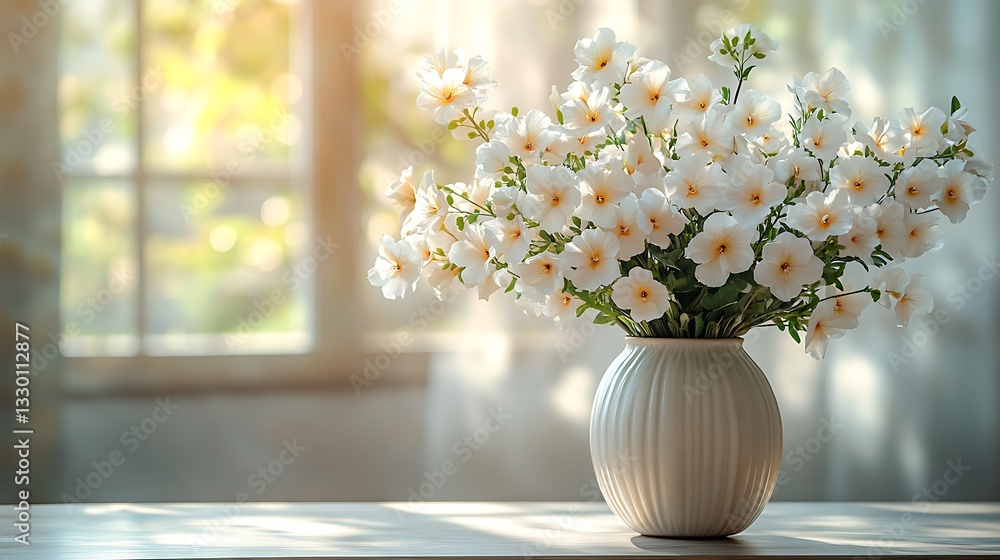 Elegant White Flowers in a Vase on a Wooden Table with Soft Sunlight Streaming Through the Window. Elegant White Flowers in a Vase on a Wooden Table with Soft Sunlight Streaming Through the Window.