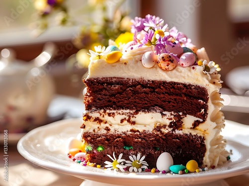 A beautifully decorated, rich, and moist chocolate cake perfect for Easter celebrations. This gourmet-style chocolate layer cake is topped with creamy