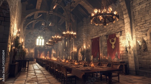 Medieval Great Hall Interior Stone Walls, Wooden Tables, and Candlelight