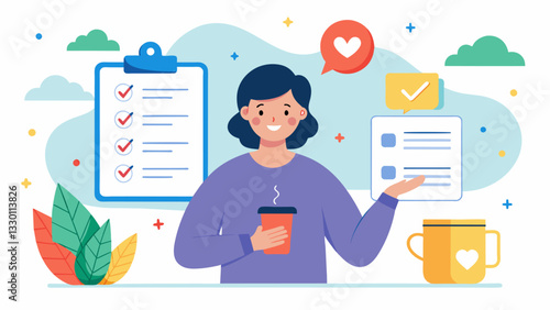 A selfcare checklist to encourage daily activities that improve mood and overall wellbeing.. Vector illustration