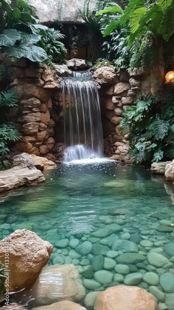 Fototapeta premium A small indoor waterfall cascades into a clear and still pool
